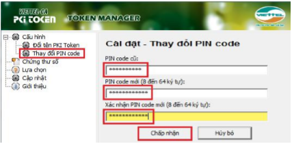 đổi mã pin trên chữ ký số viettel