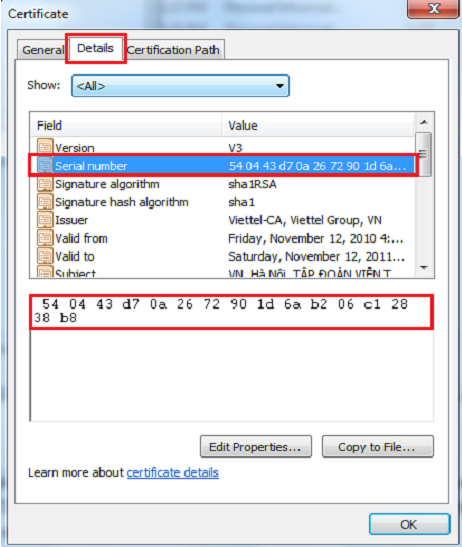 thông tin chứng thư số viettel