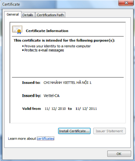 thông tin chứng thư số viettel