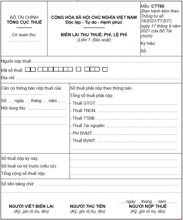 Hóa đơn Viettel - Thông tư 78/2021/TT-BTC hóa đơn viettel - biên lai thu thuế, phí, lệ phí